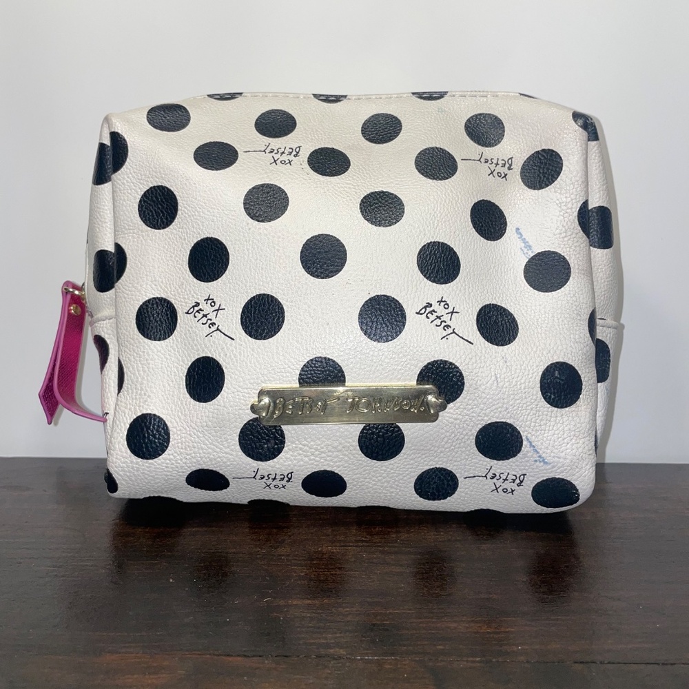 Betsey Johnson Cosmetic Bag Makeup Spots Dots Black White‎ Purse Clutch - Picture 6 of 8